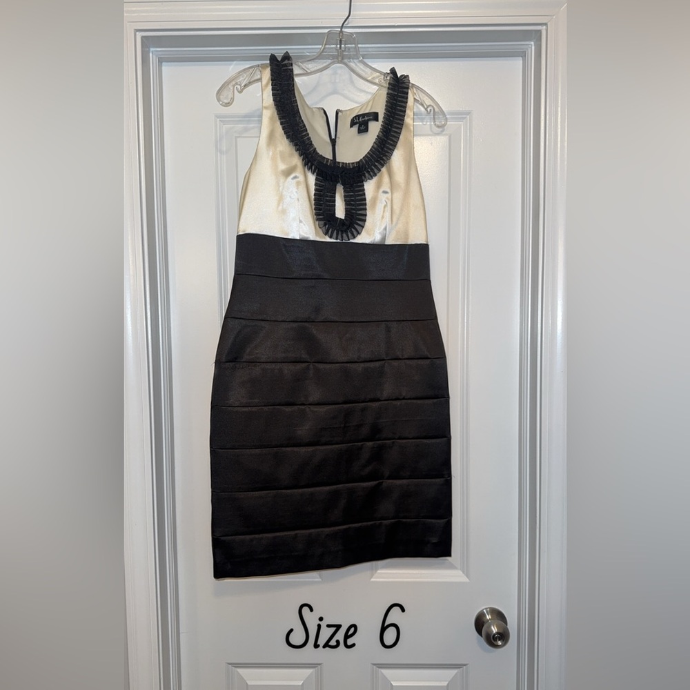 Cream and Black Tiered Halter Cocktail Dress